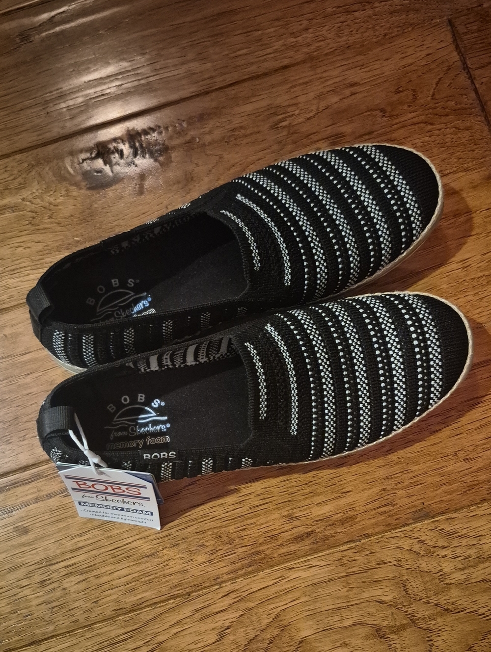 BOBS from Skechers Black and White Striped Slip-On Espadrilles